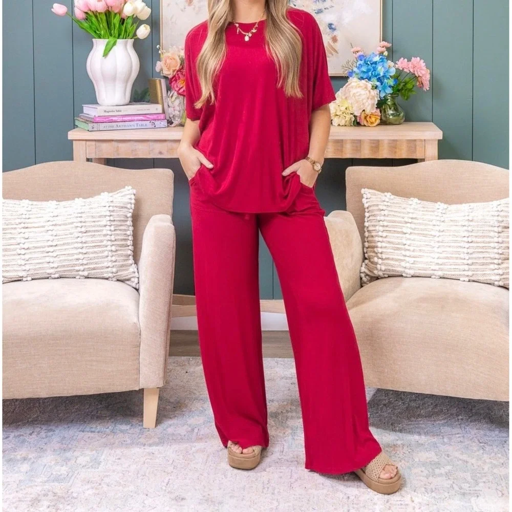 Zenana Women Red Ribbed Knit Lounge Set Wide Leg Pants Dolman Top